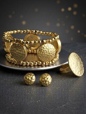 24K Gold Plated Zamak Hammered Turkish Jewelry Set Bracelet Ring Earrings Gift
